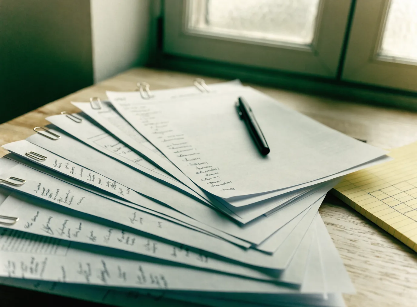 A stack of printed subcontractor bid proposals fanned across a desk with hand-marked notes in the margins, beside a legal pad carrying a hand-drawn comparison grid