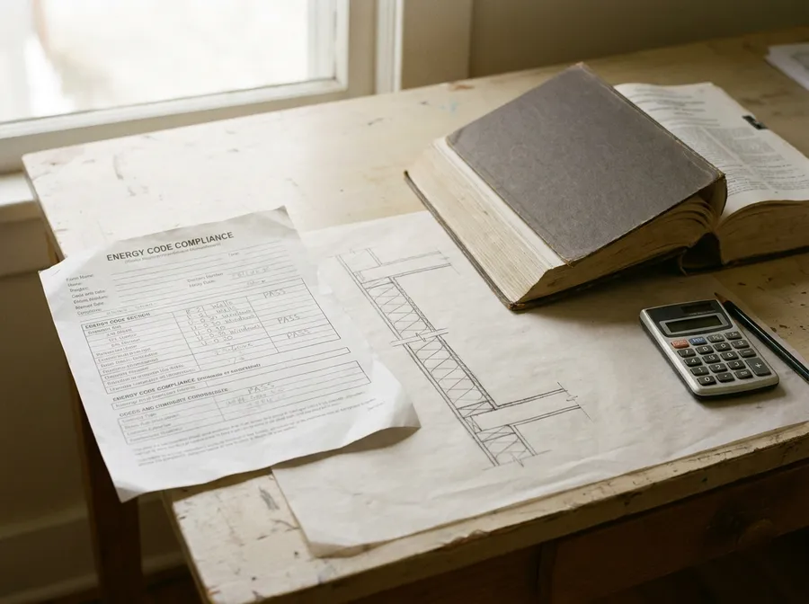 An energy-code compliance form filled in by hand, beside a wall-section drawing showing hatched insulation layers, a code book and a calculator
