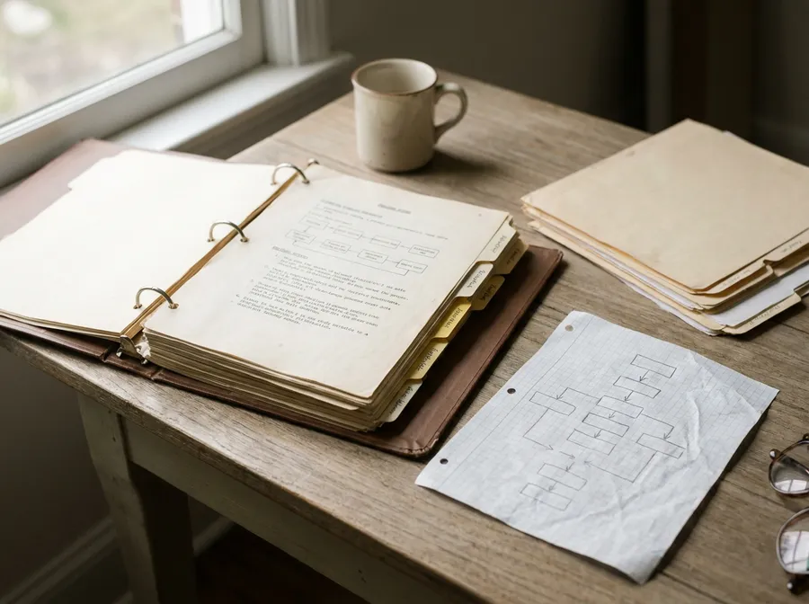 A firm's standards binder open on tabbed dividers and printed process notes, beside manila folders and a workflow diagram sketched on graph paper