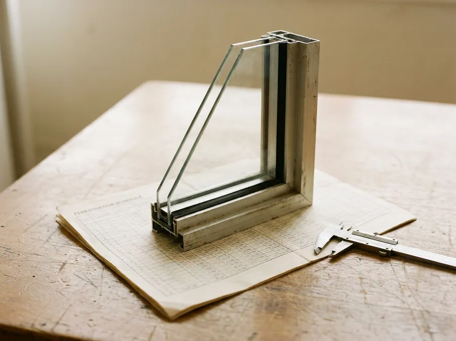 A cutaway corner of an insulated double-glazed window unit standing on a printed fenestration schedule, beside a pair of calipers