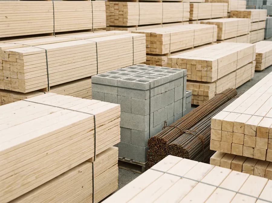 Banded bundles of dimensional timber stacked in rows in a materials yard, beside a pallet of concrete blocks and a tied bundle of steel reinforcing bar