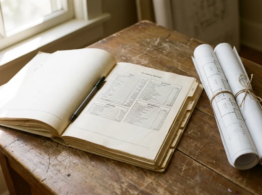 A bound technical report open to a page of area and schedule tables, beside two rolled floor plans
