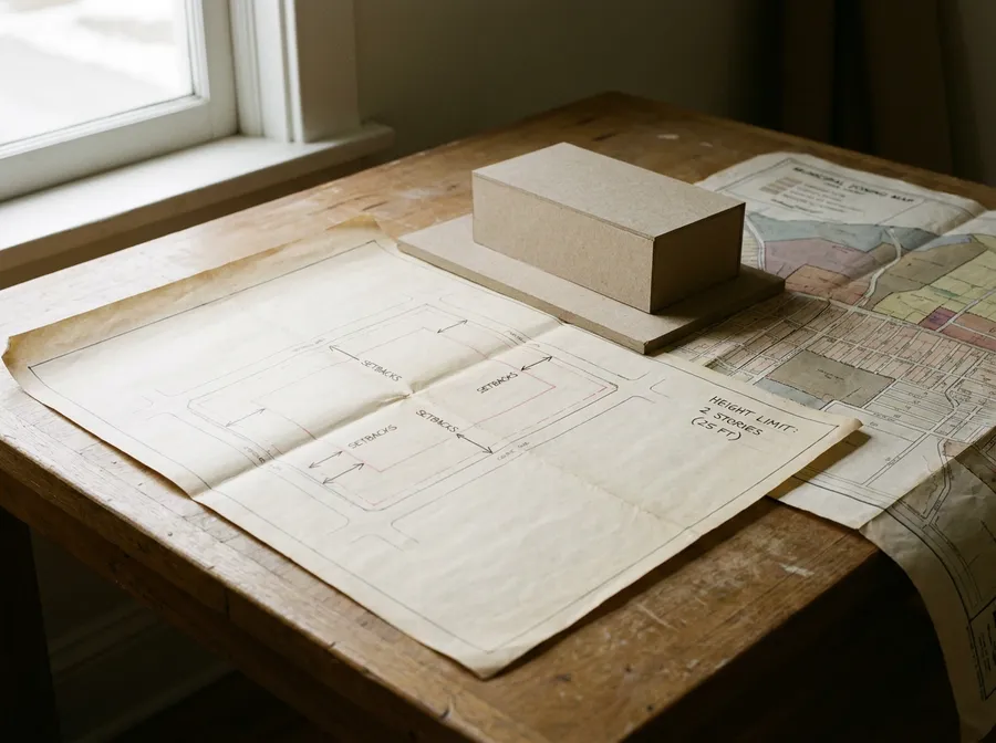 A site plan marked with setback lines and a hand-written height limit, beside a folded municipal zoning map and a chipboard massing model