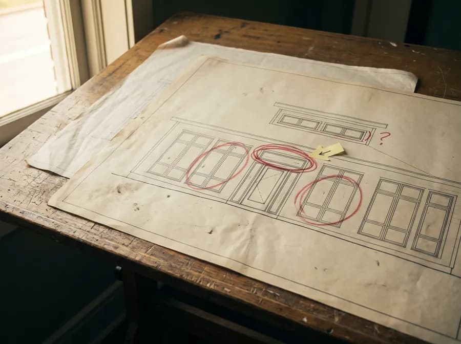 An elevation sheet on a drafting table with several glazed openings circled in red pencil, a transom above the entry door flagged with a sticky arrow, and a question mark beside a clerestory band