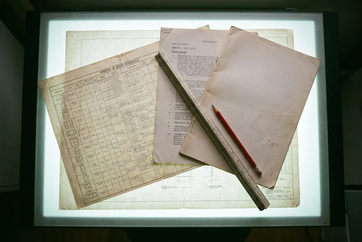 A window and door schedule sheet, a specification page and a report laid overlapping on a lit drafting table, with a steel straightedge across all three
