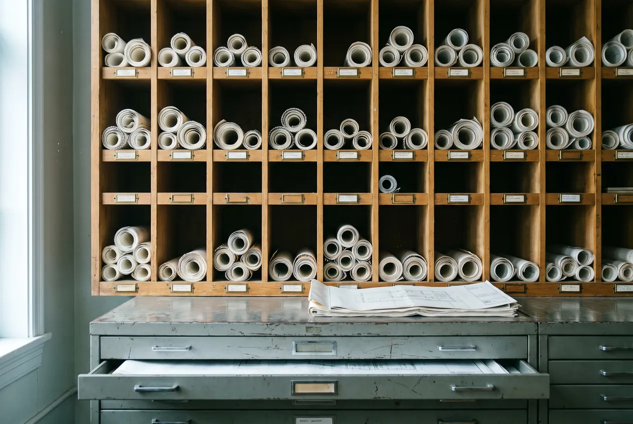 A wall of pigeonhole shelving in an office plan room, each compartment holding rolled drawing sets above a steel flat-file cabinet