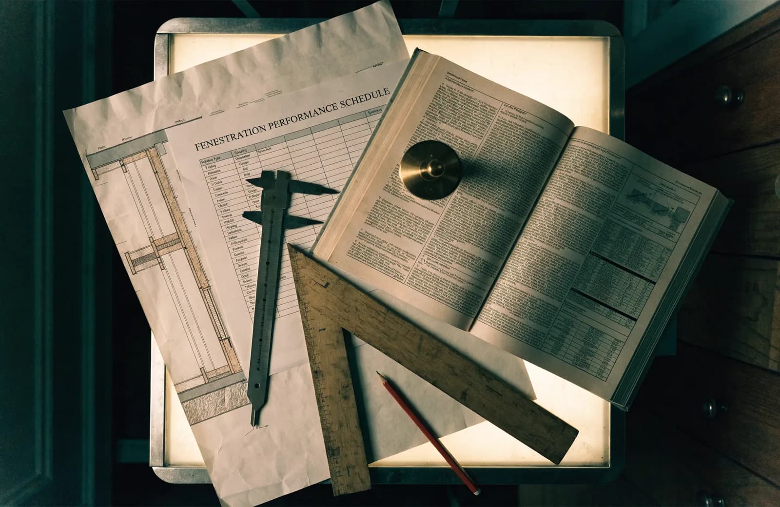 A wall section drawing showing hatched insulation layers on a light table, overlapped by a fenestration performance schedule and an energy code book held open with a brass weight, with calipers and a wooden set square across the sheets
