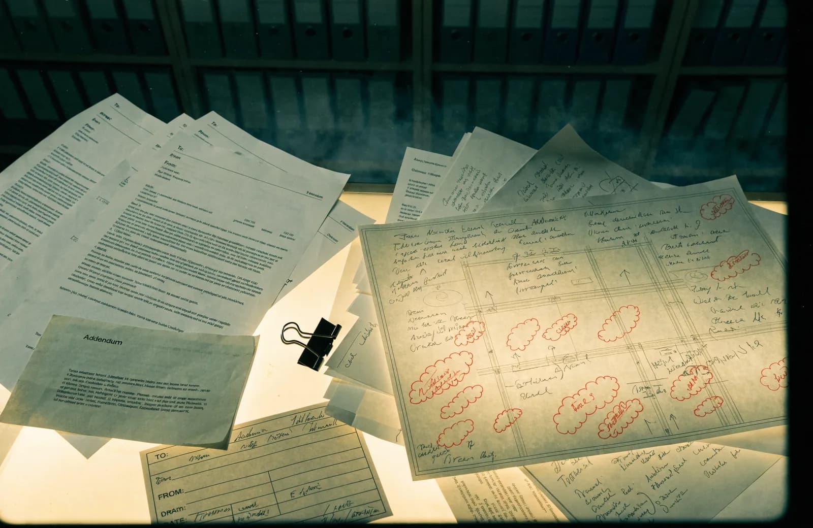A project record spread across a light table, a drawing sheet marked with red revision clouds overlapping printed email correspondence, an addendum page and a transmittal slip held by a bulldog clip