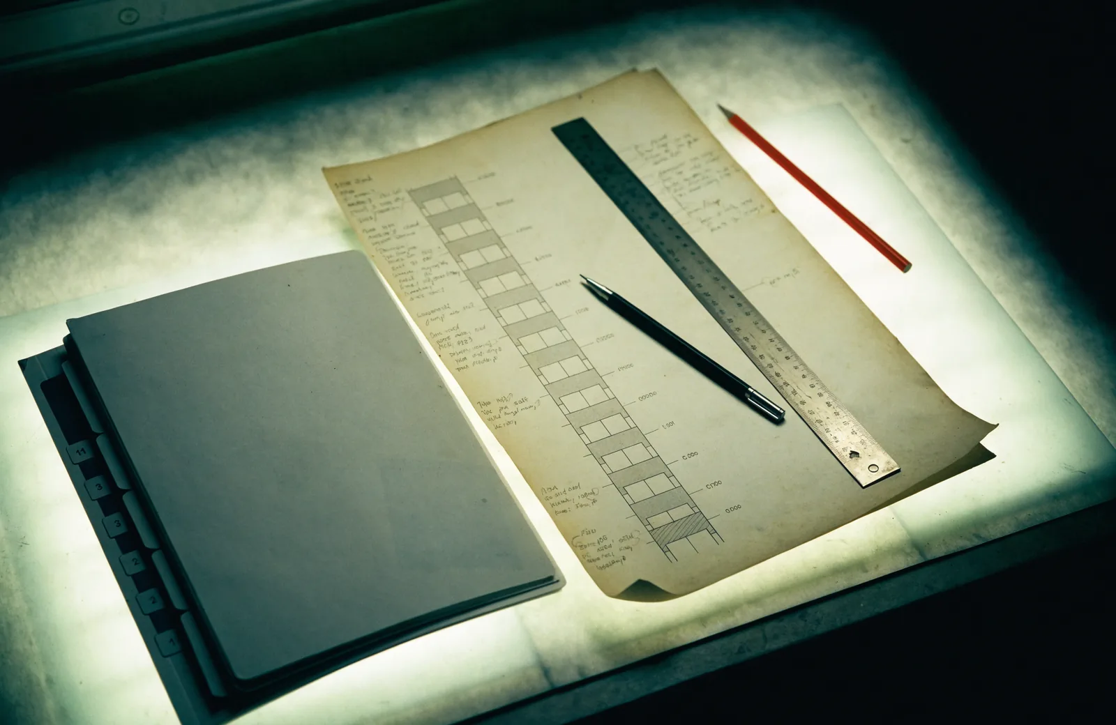 A wall assembly section drawn on aged paper over a lit light table, annotated in pencil down the margin, beside an unmarked binder open on numbered tabbed dividers, a steel scale rule and a red pencil