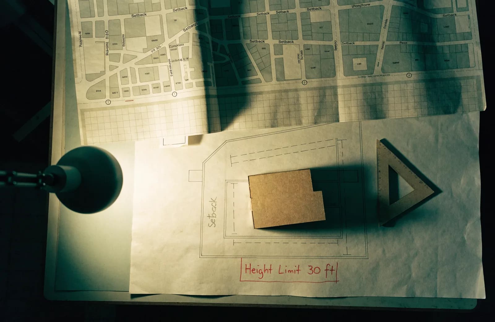 A folded municipal zoning map beside a site plan drawn with setback lines and a hand lettered height limit note in red pencil, with a chipboard massing model casting a shadow across the sheet