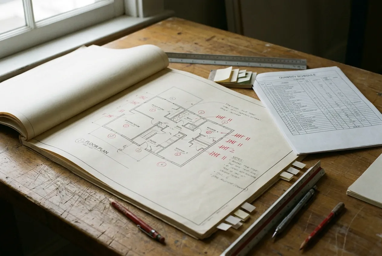 A floor plan open on a studio workbench, tallied by hand in red pencil, beside a printed quantity schedule, a scale ruler and index flags